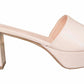 A cream-colored mid-platform high heel shoe with an open toe design, handmade in Italy by Rupert Sanderson, isolated on a white background.