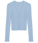 The Ailany Cardigan by Simkhai is a light blue ribbed knit piece with long sleeves, a V-neckline, and button front closure, shown on a plain white background.