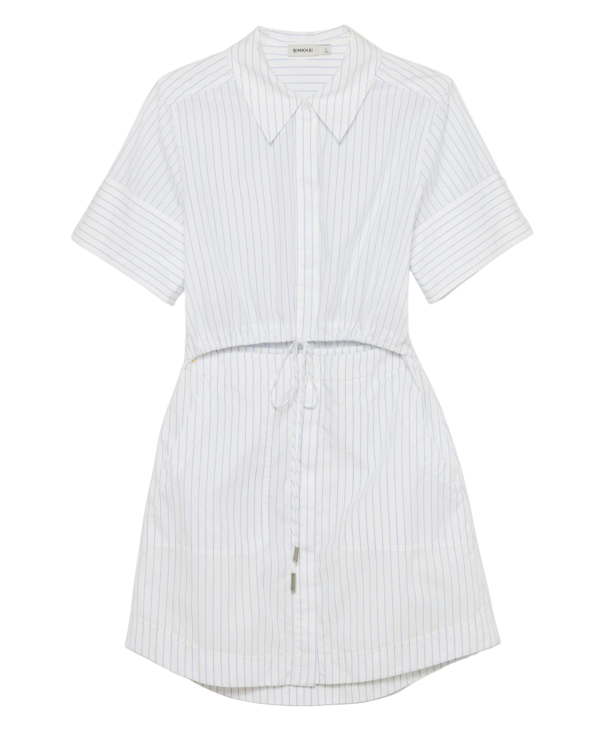 The Simkhai Marcy Cotton Mini Shirt Dress features short sleeves, thin vertical blue stripes, a drawstring waist, and button-up front. Shown laid flat on a white background.