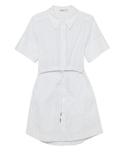 The Simkhai Marcy Cotton Mini Shirt Dress features short sleeves, thin vertical blue stripes, a drawstring waist, and button-up front. Shown laid flat on a white background.
