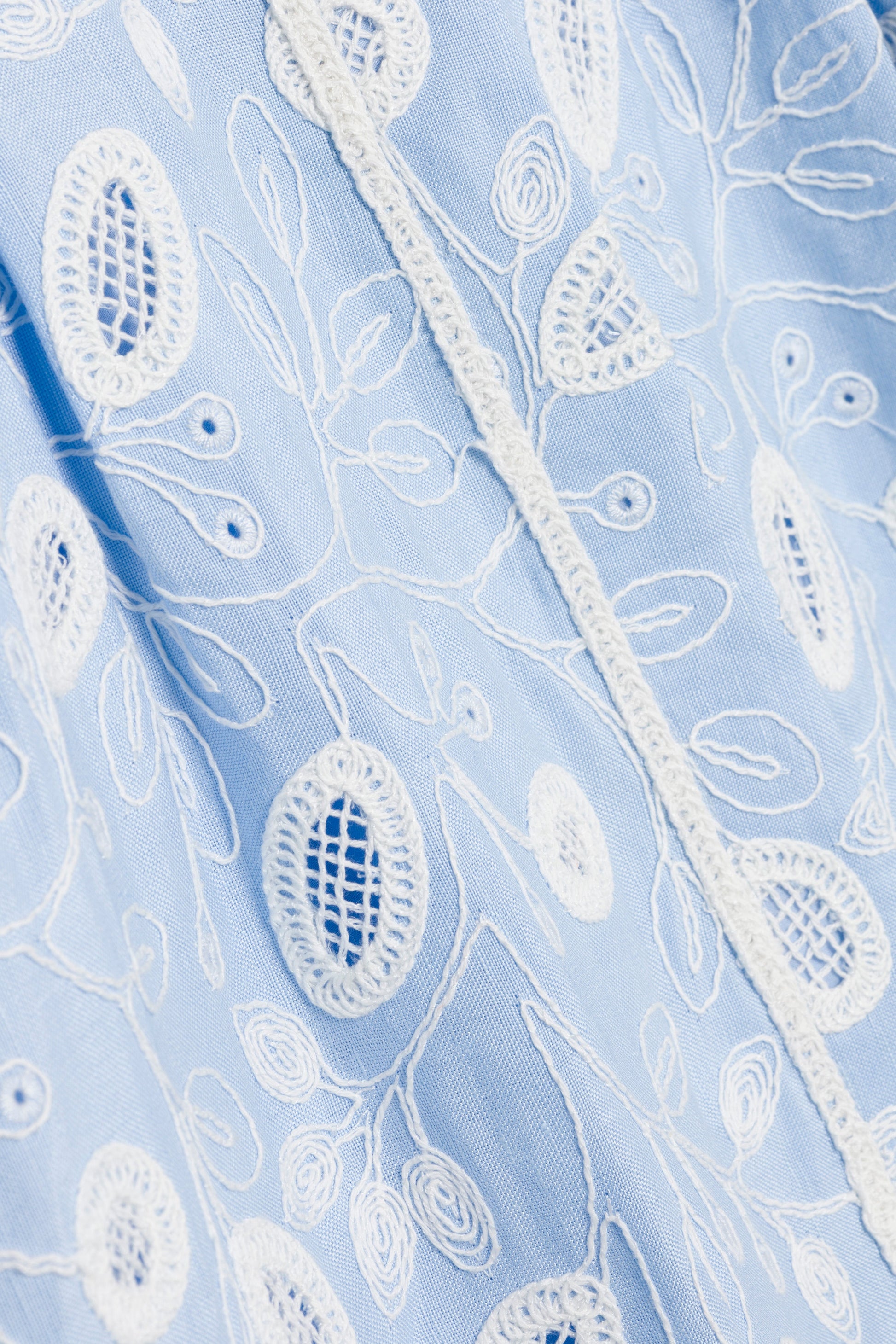 Close-up of delicate light blue fabric with white floral embroidery and lace-like details from the Simkhai Audria Belted Midi Dress, showcasing its intricate patterns and elegant texture.
