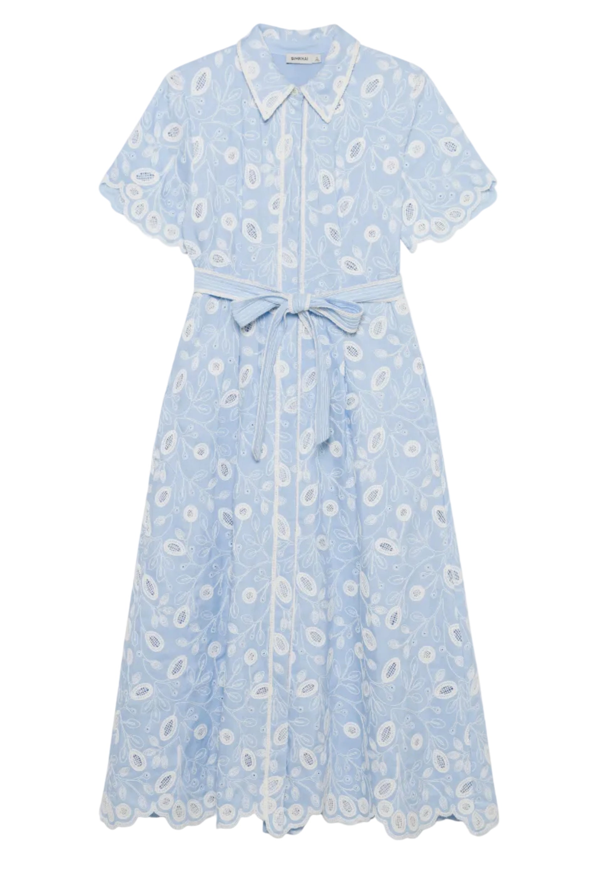 The Simkhai Audria Belted Midi Dress features light blue linen, short sleeves, white floral embroidery, scalloped edges, a pointed collar, and a matching belt for a chic and elegant look.