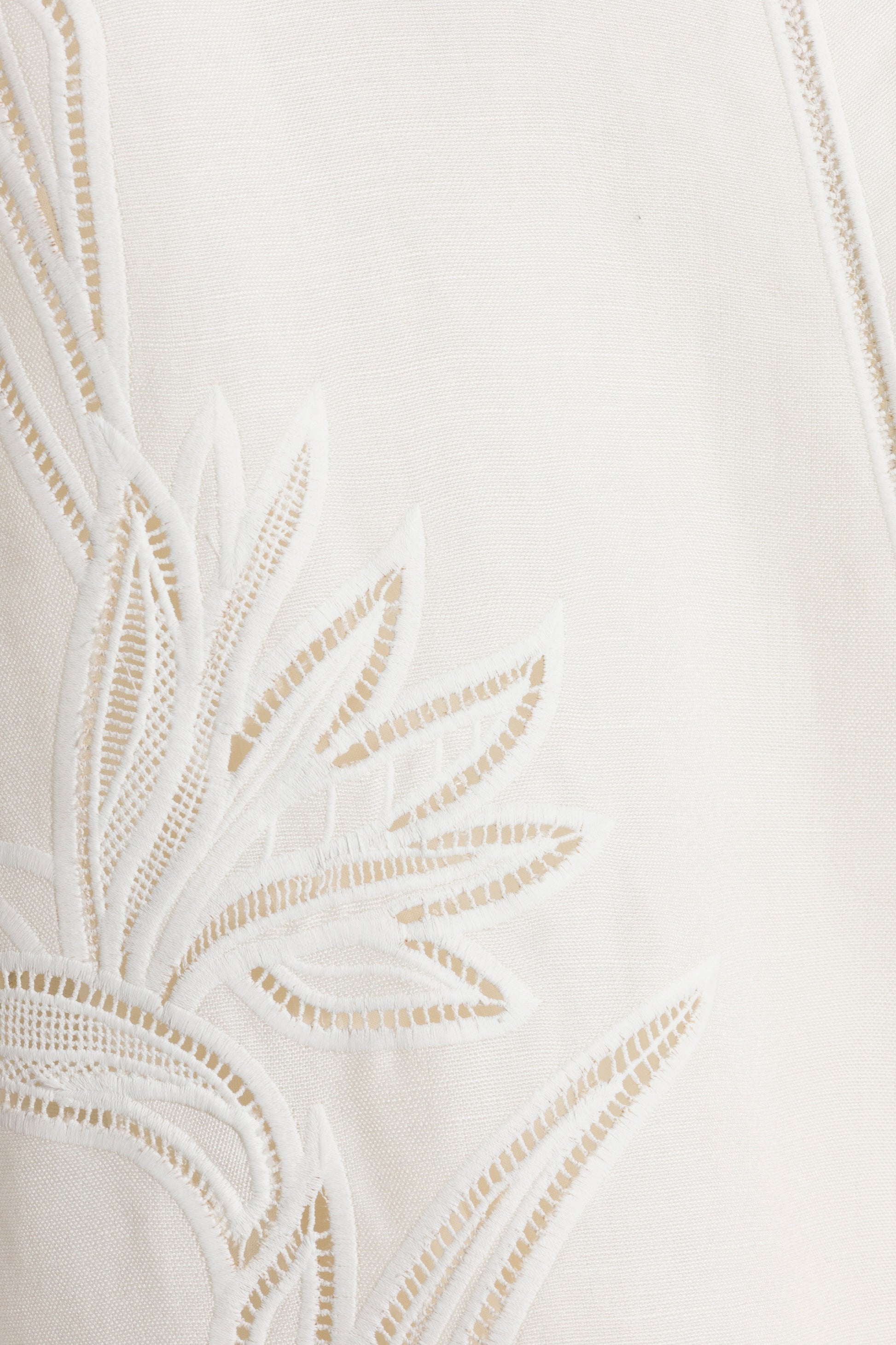 Close-up of the Ellery Bustier Midi Dress by Simkhai, featuring white broderie anglaise fabric with intricate embroidered floral patterns and openwork detailing.