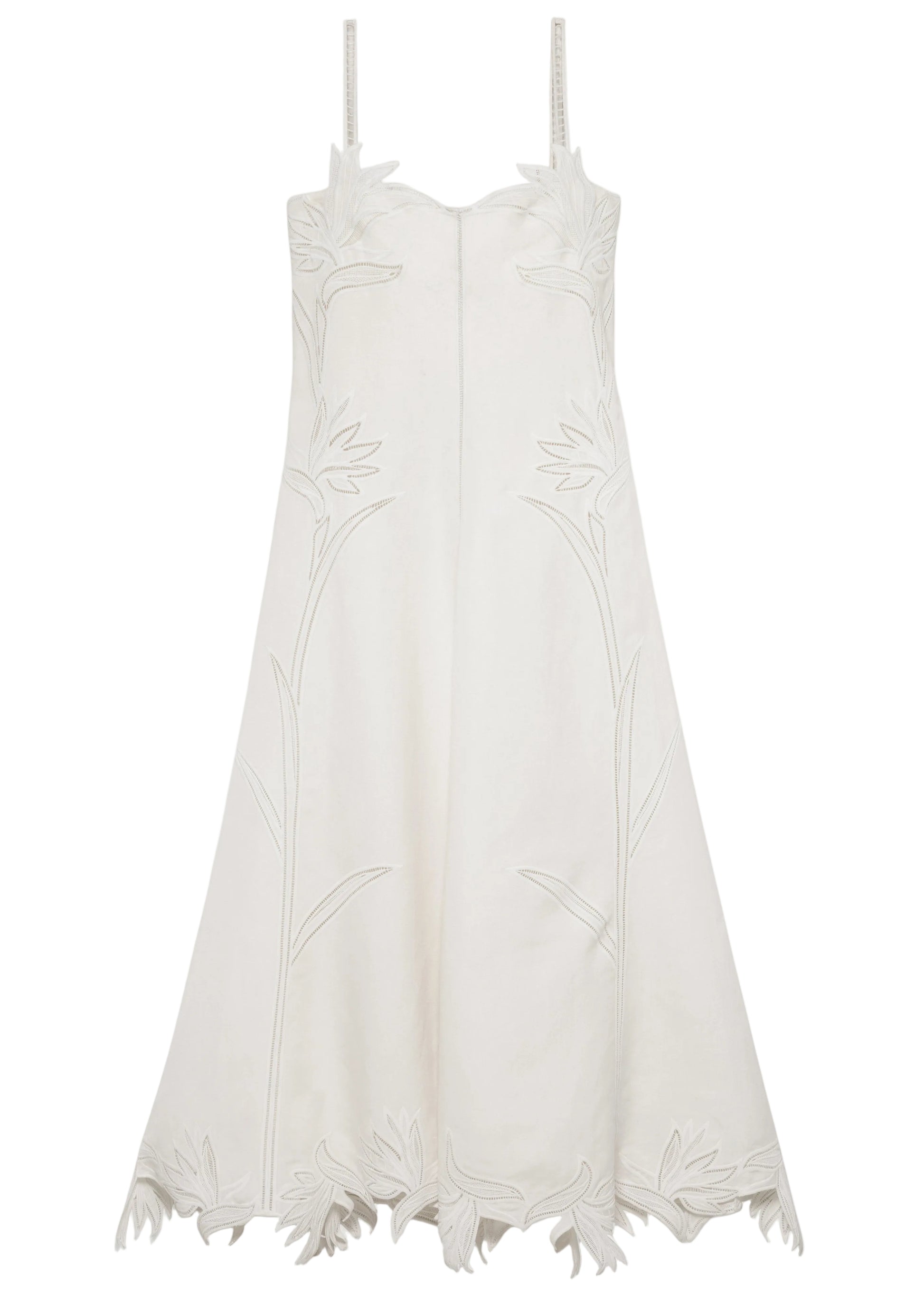 The Ellery Bustier Midi Dress by Simkhai is a sleeveless white linen-blend dress with thin straps, floral embroidery on the bodice and skirt, and a scalloped hem with delicate flower petal details.