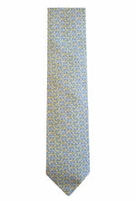 An Eton Silk Tie featuring a modern design with a geometric pattern of small, multicolored triangles on a light background.