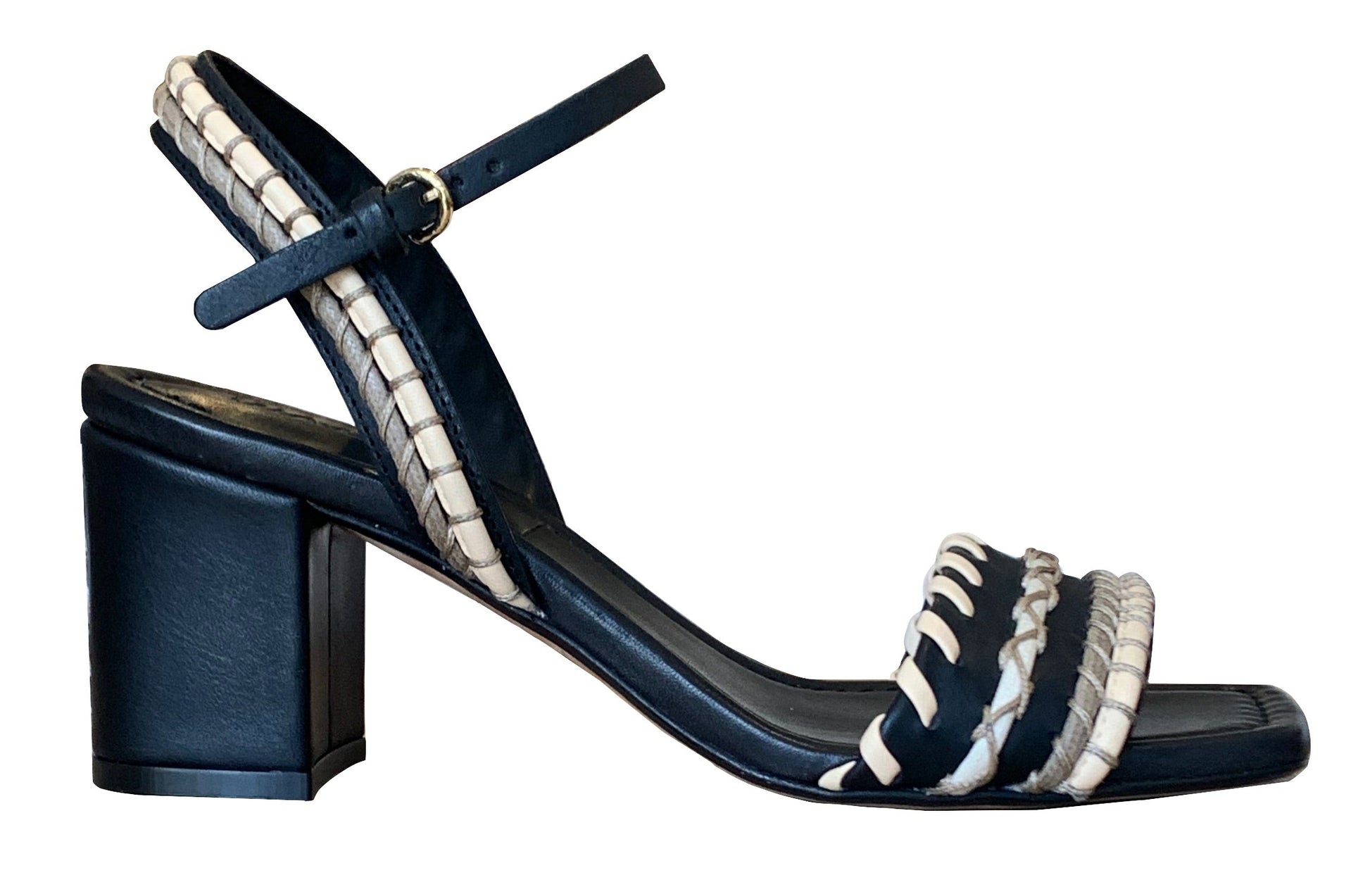 A Ulla Johnson Sofia Sandal, featuring black block heels with beige braided straps and an ankle buckle closure, crafted from vegetable-tanned leather, set against a white background.