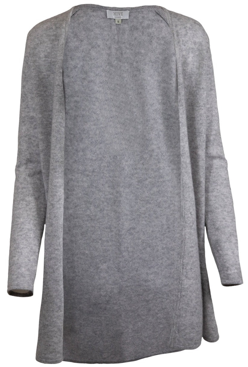 A sustainable HIVE Cashmere Long Cardigan for women with long sleeves, perfect for staying cozy.