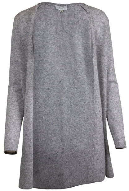 A sustainable HIVE Cashmere Long Cardigan for women with long sleeves, perfect for staying cozy.