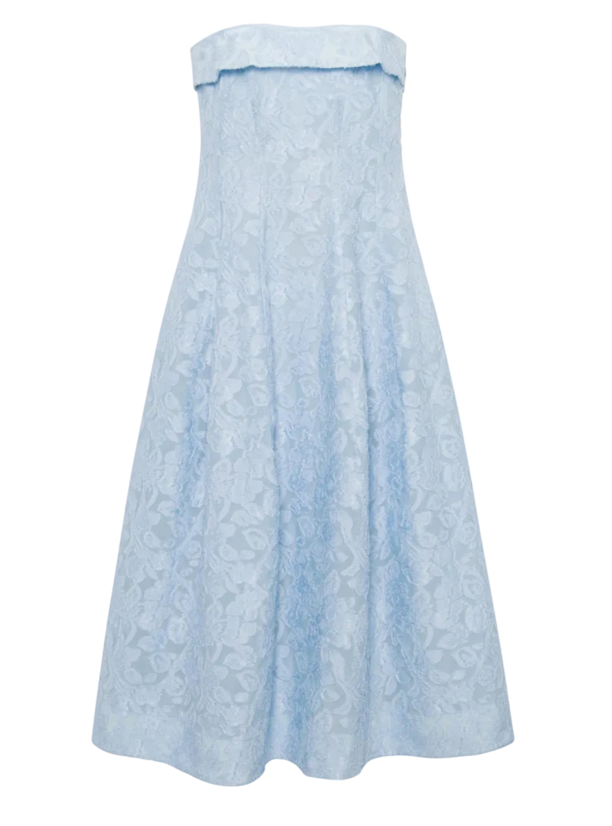 The Valeria Jacquard Dress by Simkhai features a light blue, strapless design with a subtle floral pattern and flared skirt, falling to the knee for effortless elegance.