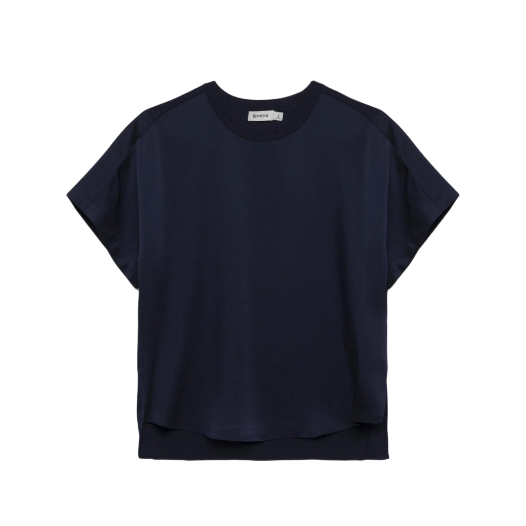 The Simkhai Addy Satin T-Shirt features a relaxed fit, short sleeves, and a classic crew neckline in navy blue, shown against a white background.