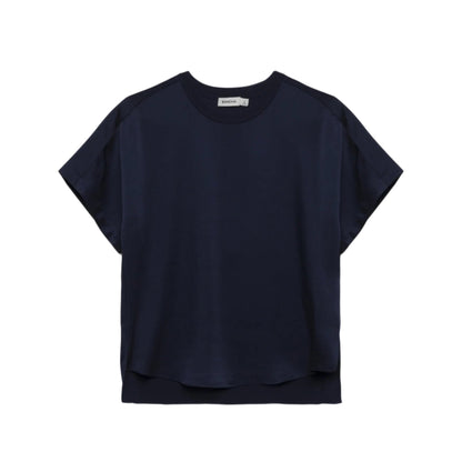 The Simkhai Addy Satin T-Shirt features a relaxed fit, short sleeves, and a classic crew neckline in navy blue, shown against a white background.