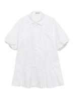 The Simkhai Crissy Dress is a short-sleeved white mini dress with a collar, button-down front, and gathered hem—laid flat on a white background for an effortlessly casual look.