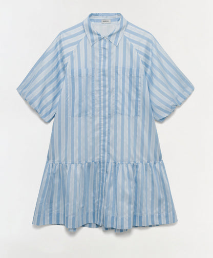 The Crissy Stripe Dress by Simkhai is a light blue and white mini shirtdress with a collar, front buttons, and a gathered flared skirt, crafted from yarn-dyed satin for a soft sheen.