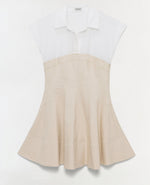 The Simkhai Sundae Linen Mini Dress features short sleeves, a structured white collared top, and a flared beige skirt, all displayed against a plain white background.
