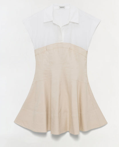 The Simkhai Sundae Linen Mini Dress features short sleeves, a structured white collared top, and a flared beige skirt, all displayed against a plain white background.