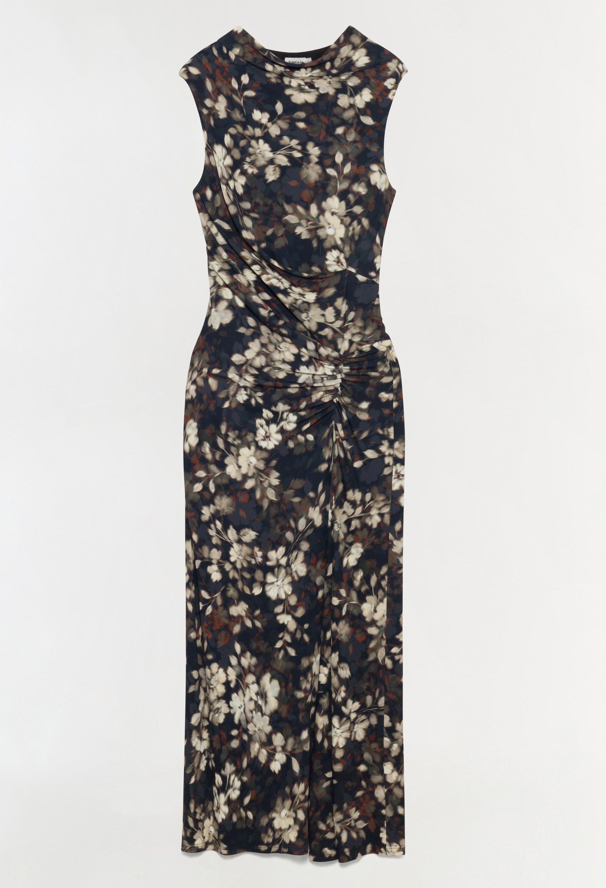 The Simkhai Acacia Jersey Midi Dress features a sleeveless design with a dark floral print, ruched waist detailing, and a fitted silhouette, shown against a plain white background.