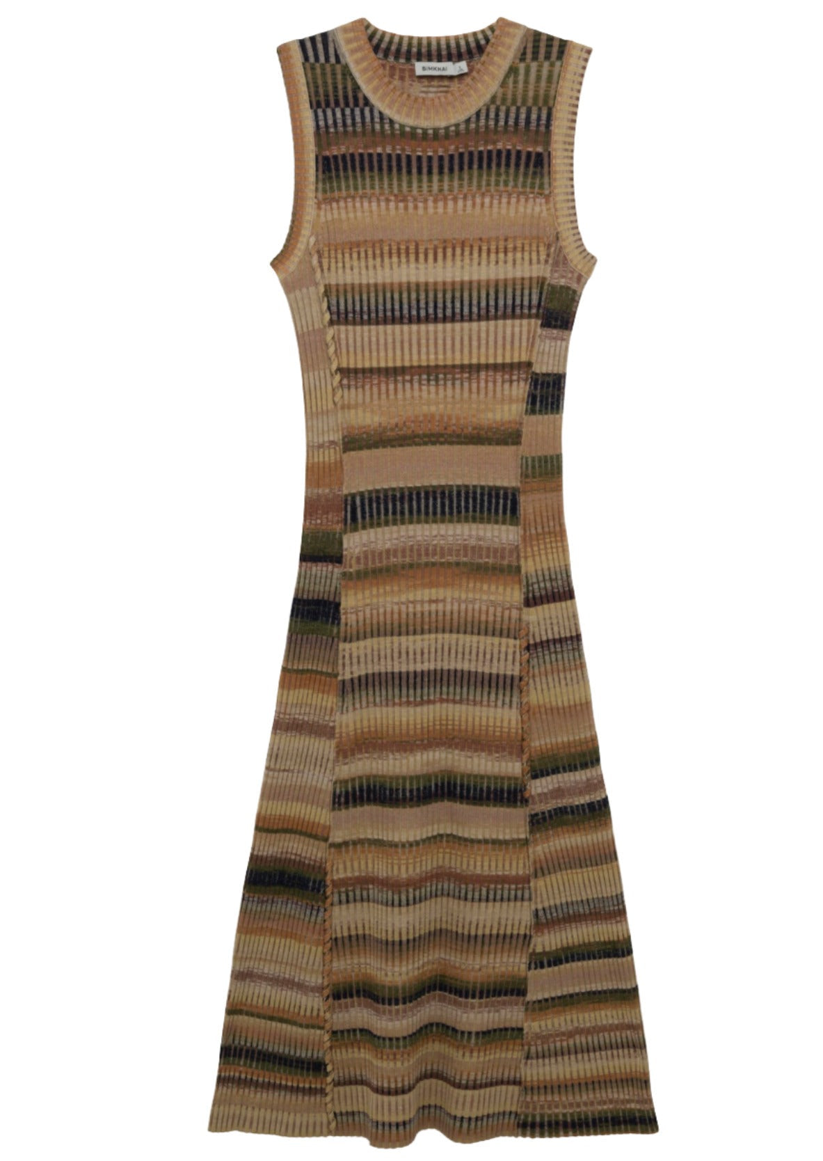 The Simkhai Fairfax Dress is a sleeveless midi ribbed-knit dress showcasing a striped pattern in earthy hues of beige, brown, and olive green.