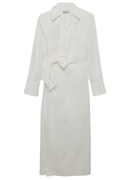 A white, long-sleeve, midi-length dress with a collar and a wrap-style front detail from Simkhai called the Simkhai Briar Dress.