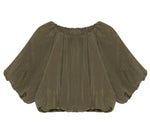 The Simkhai Anni Puff Sleeve Cropped Top features a loose fit, short puff sleeves, gathered neckline, and olive green crinkled fabric for textured style.