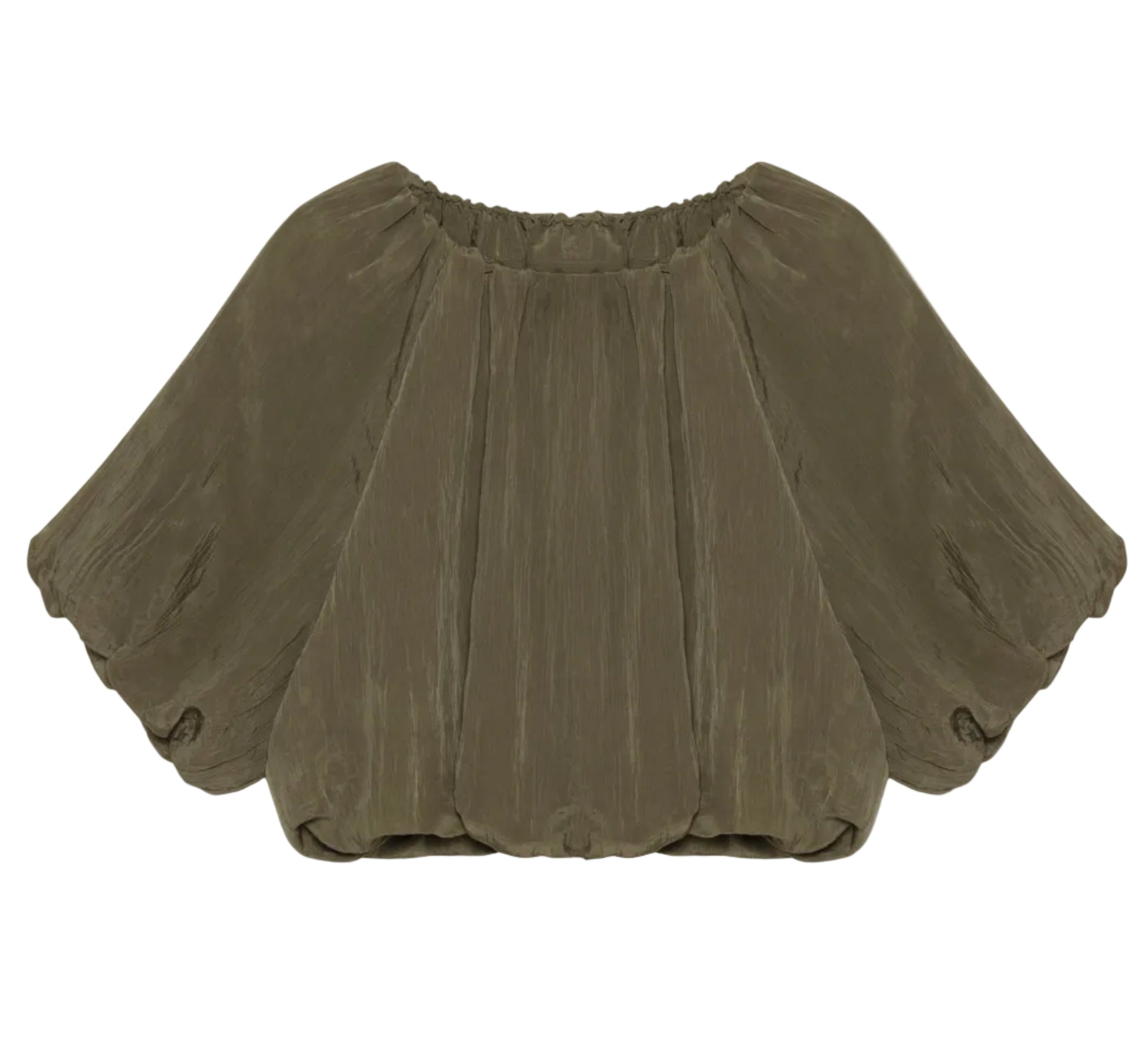 The Simkhai Anni Puff Sleeve Cropped Top features a loose fit, short puff sleeves, gathered neckline, and olive green crinkled fabric for textured style.