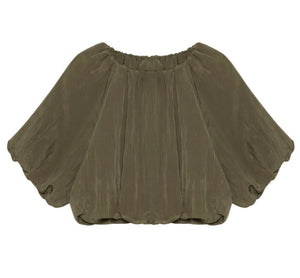 The Simkhai Anni Puff Sleeve Cropped Top features a loose fit, short puff sleeves, gathered neckline, and olive green crinkled fabric for textured style.