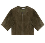 The Austyn Short Sleeve Suede Jacket by Simkhai in dark olive green features elbow-length sleeves and a concealed front zipper, shown flat on a white background.