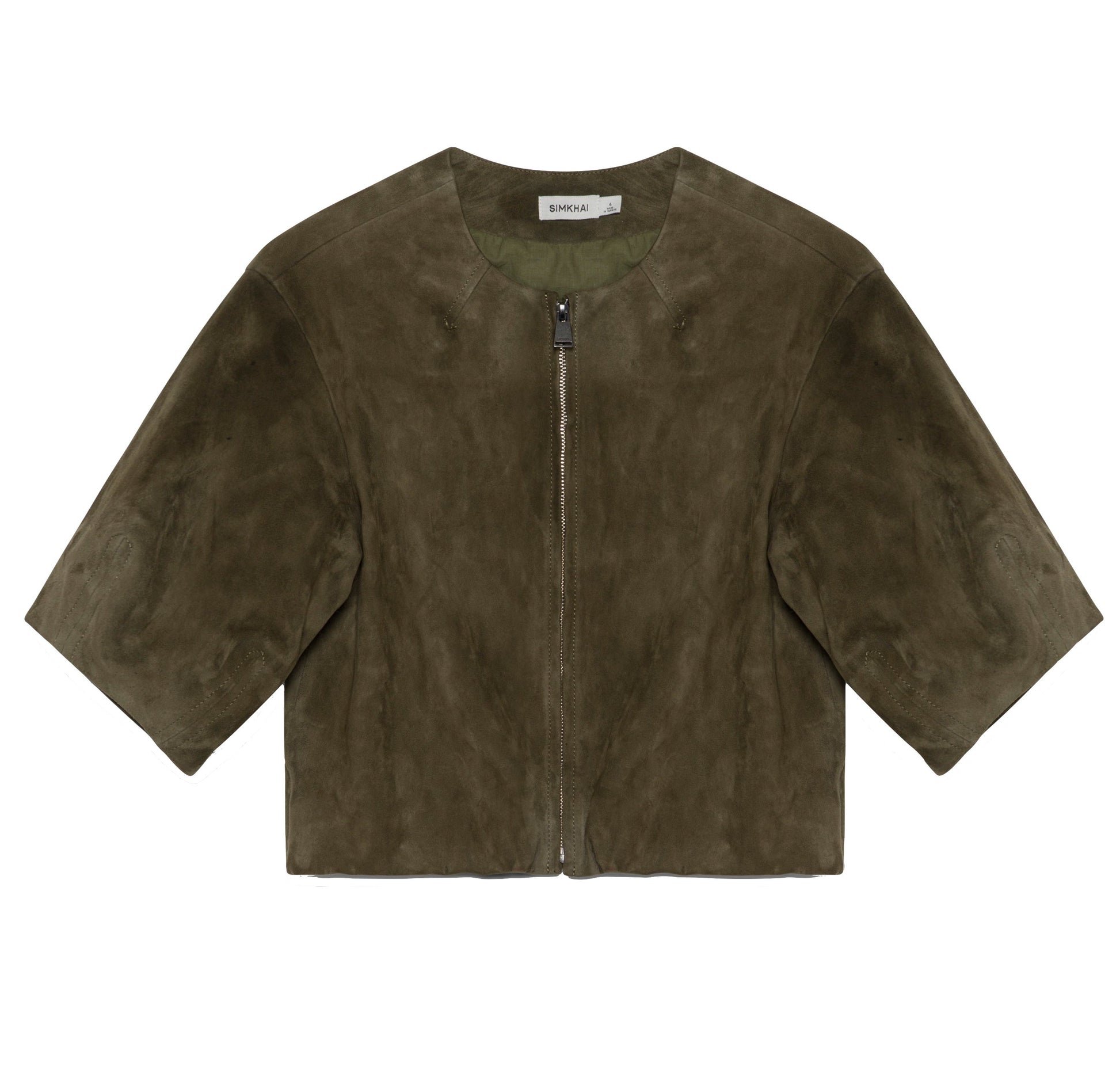 The Austyn Short Sleeve Suede Jacket by Simkhai in dark olive green features elbow-length sleeves and a concealed front zipper, shown flat on a white background.
