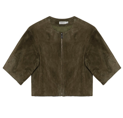 The Austyn Short Sleeve Suede Jacket by Simkhai in dark olive green features elbow-length sleeves and a concealed front zipper, shown flat on a white background.