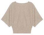 The Shai Tee by Simkhai is a beige, short-sleeved sweater featuring dolman sleeves, a wide neckline, loose fit, and ribbed waistband for a relaxed boxy silhouette.
