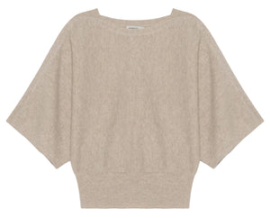 The Shai Tee by Simkhai is a beige, short-sleeved sweater featuring dolman sleeves, a wide neckline, loose fit, and ribbed waistband for a relaxed boxy silhouette.