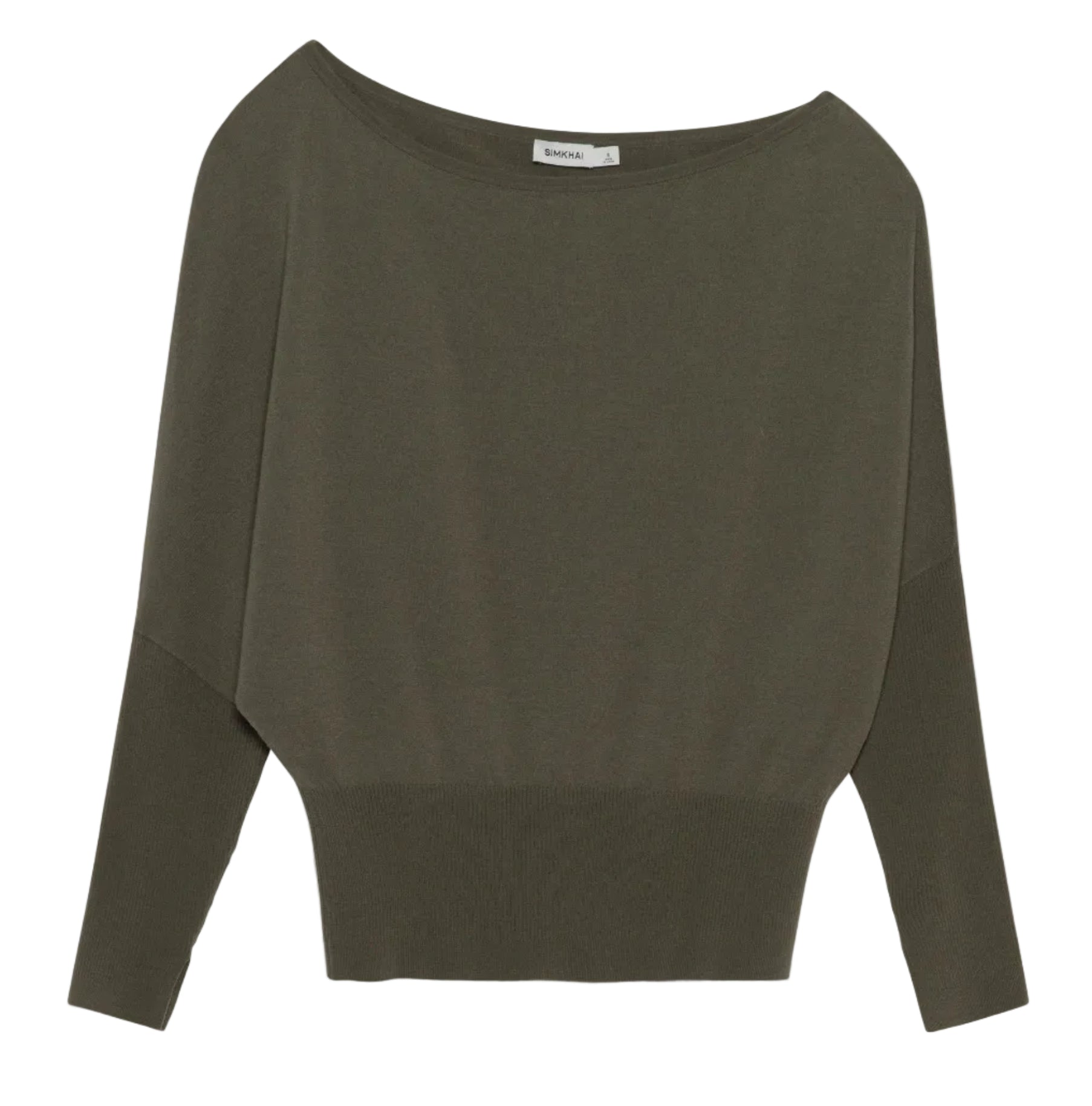 The Simkhai Lavina Draped Off Shoulder Sweater is a loose-fitting, long-sleeve olive-green featherweight wool knit with a wide neckline and ribbed hem and cuffs, shown laid flat on a white background.