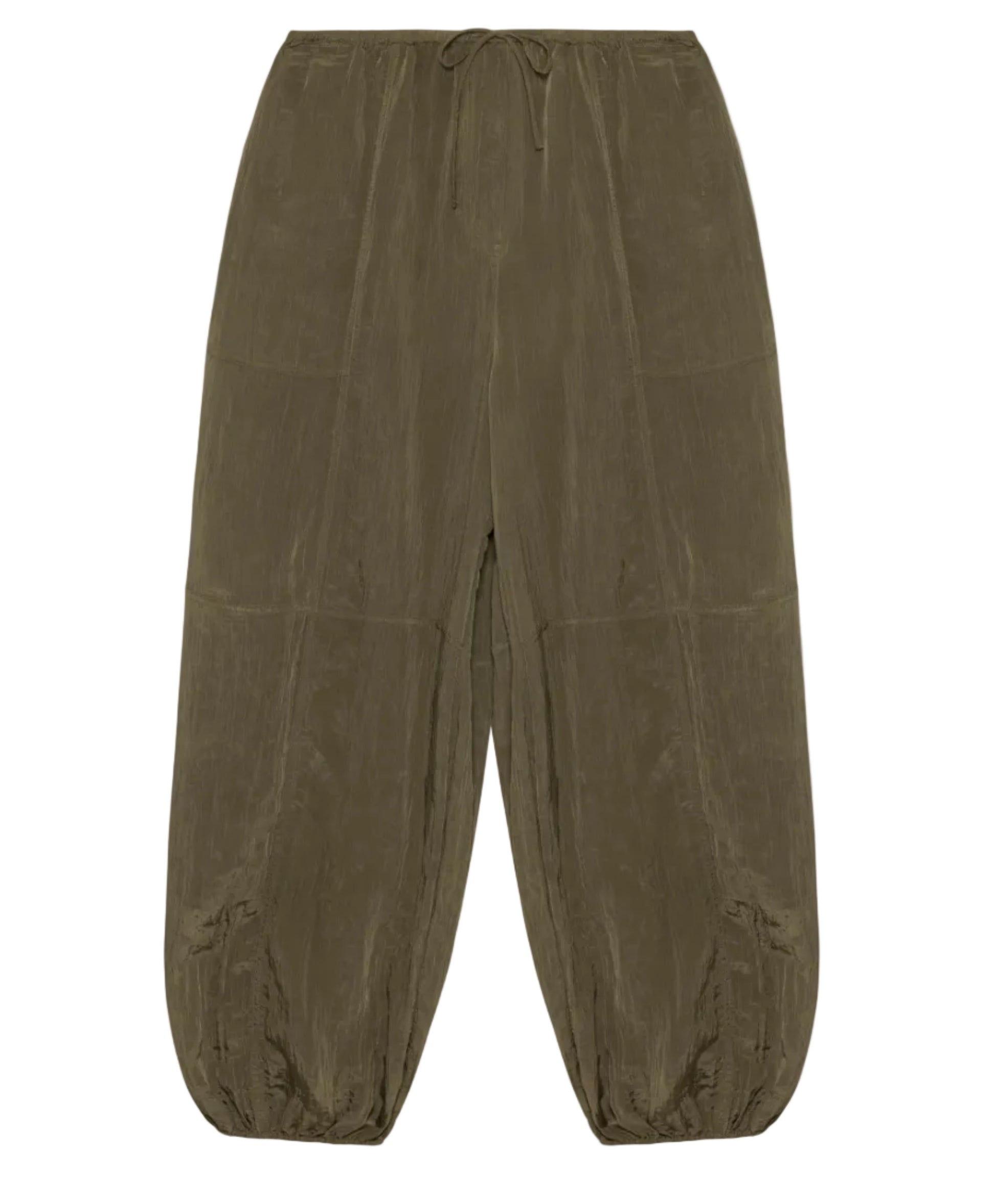 The Simkhai Freya Parachute Pant in olive green offers a loose fit with a drawstring waistband, visible seam details, and elasticated ankle cuffs.