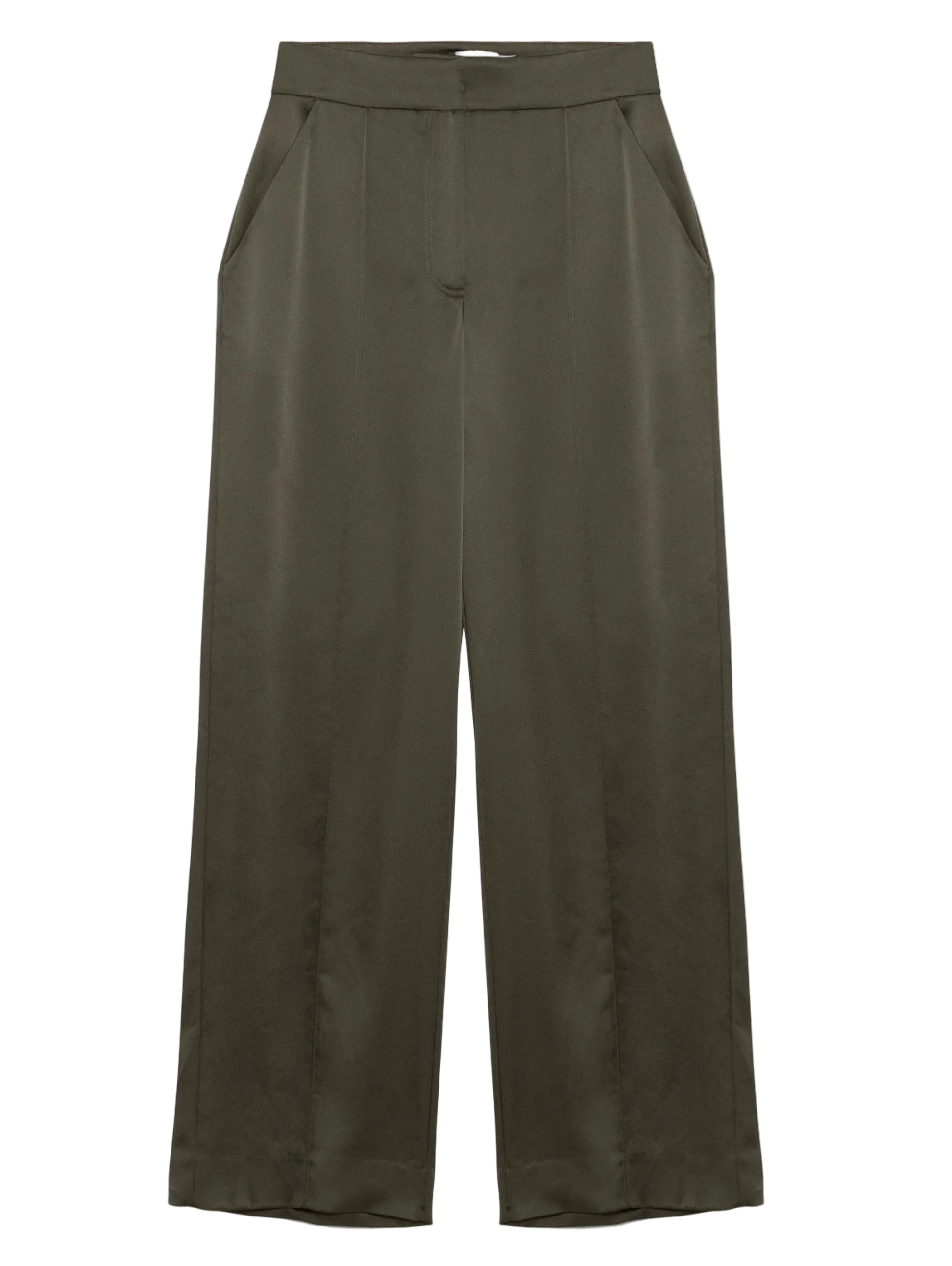 The Simkhai Kyra Wide Leg Pant in olive green features a high waist, tailored waistband, front pleats, side pockets, and a relaxed silhouette crafted from smooth, slightly shiny satin.