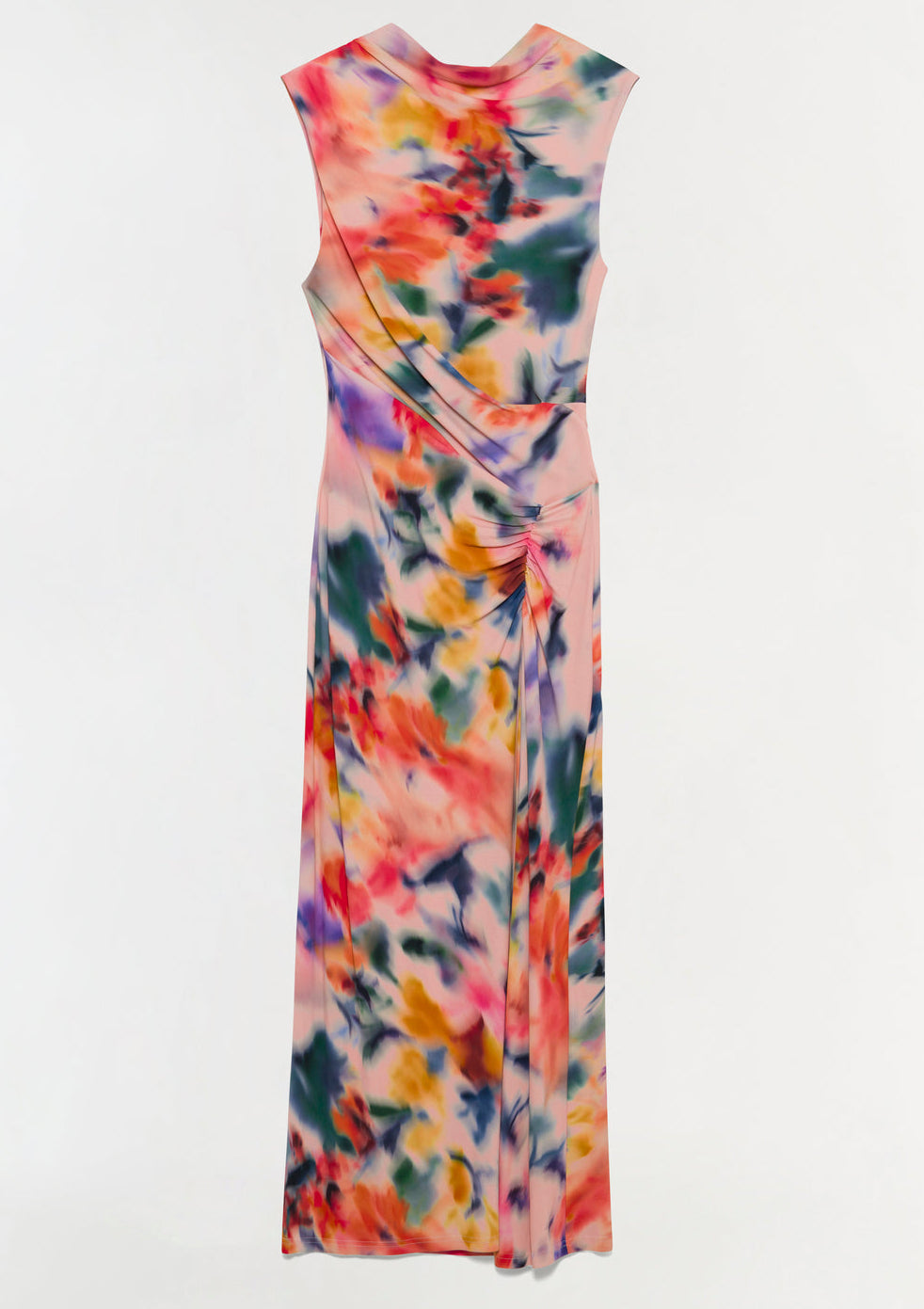 The Simkhai Acacia Jersey Midi Dress is a sleeveless, fitted silhouette midi dress in printed jersey, featuring a multicolored abstract pattern and side draping detail, displayed on a plain white background.
