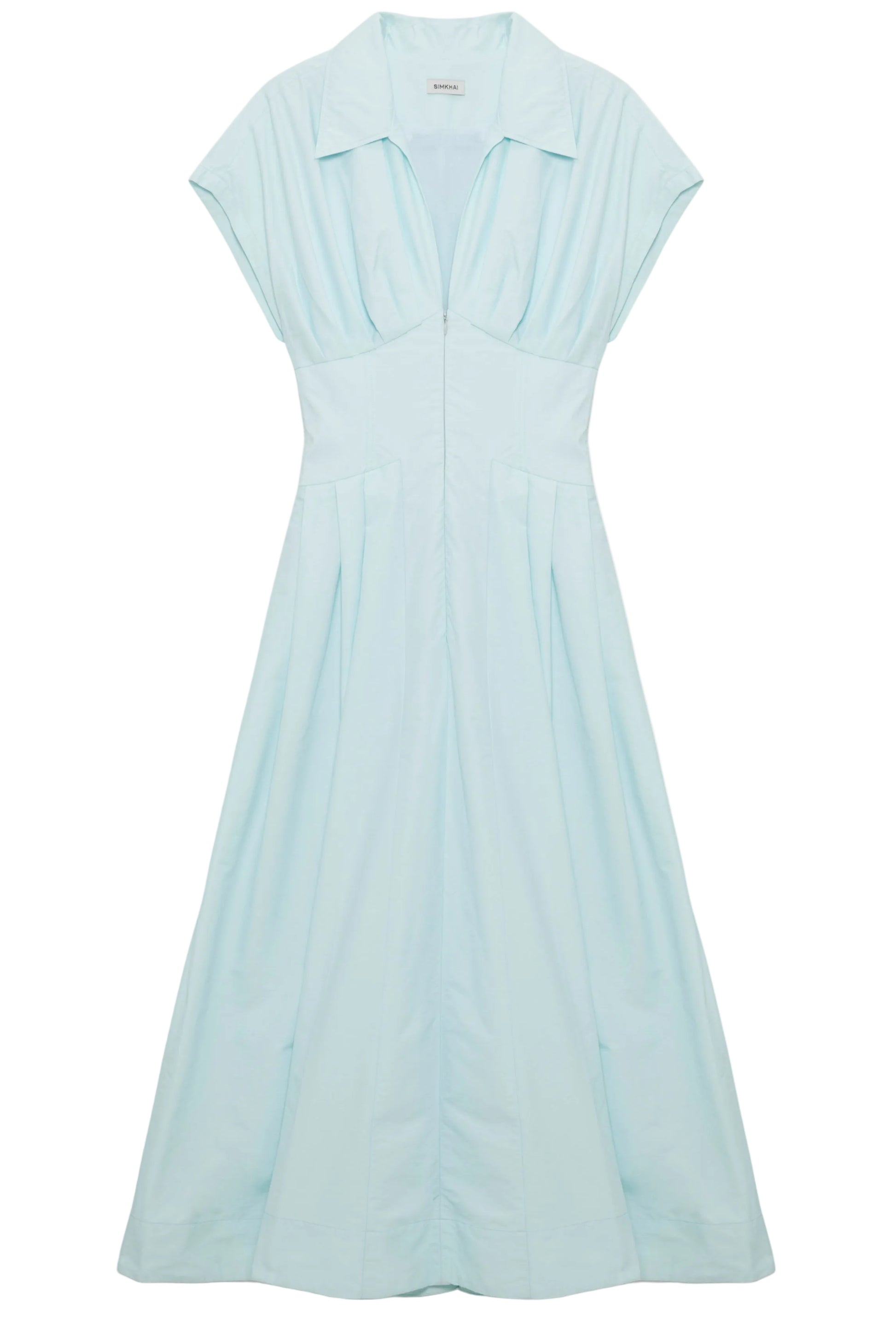The Simkhai Farlow Dress is a light blue cotton faille, short-sleeve, collared midi dress with a front zipper and pleated skirt, shown laid flat on a white background.