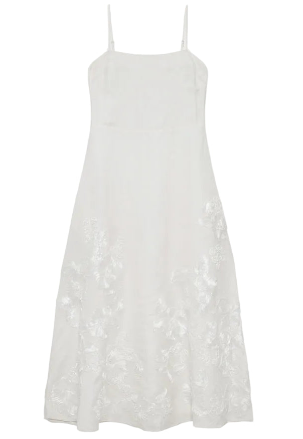 The Annabella Soutache Dress by Simkhai is a sleeveless white linen-blend dress featuring thin shoulder straps and subtle soutache embroidery on the lower half.