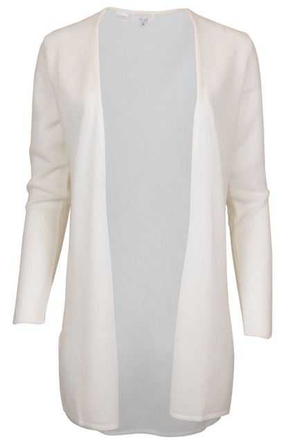 A sustainable women's HIVE Cashmere Long Cardigan with an open front that is perfect for layering.