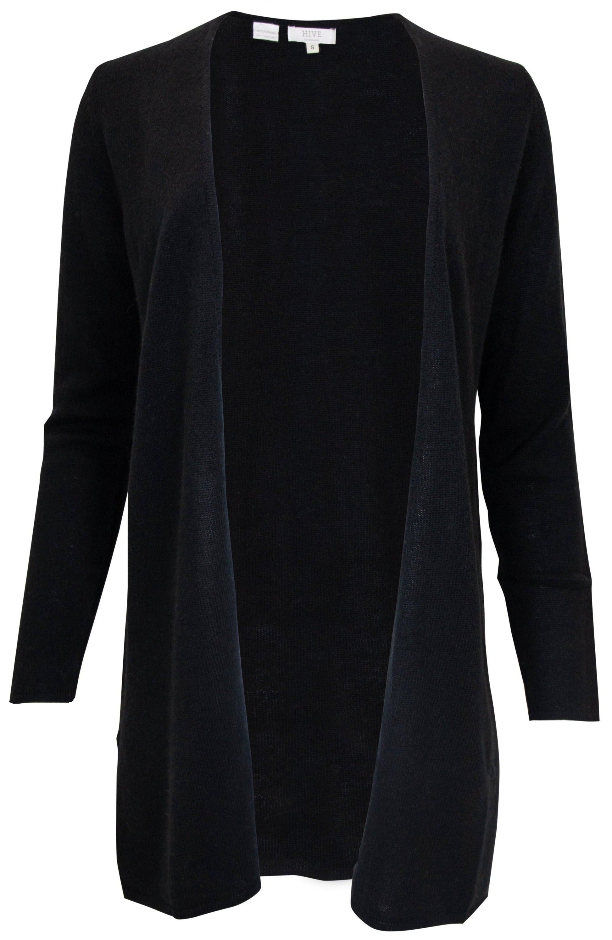 A cozy black HIVE Cashmere Long Cardigan on a white background.