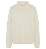 The Aaliyah Knit Turtleneck by Simkhai is a cream-colored, long-sleeve ivory sweater with ribbed cuffs and hem, shown laid flat on a white background. This lightweight knit provides timeless style and versatile appeal for any wardrobe.