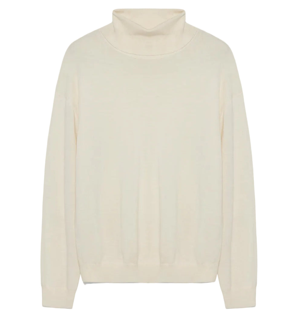 The Aaliyah Knit Turtleneck by Simkhai is a cream-colored, long-sleeve ivory sweater with ribbed cuffs and hem, shown laid flat on a white background. This lightweight knit provides timeless style and versatile appeal for any wardrobe.