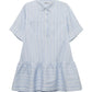 The Simkhai Cris Short Sleeve Shirt Dress features light blue stripes, a collared neckline, buttoned front, chest pockets, and a gathered skirt.