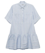 The Simkhai Cris Short Sleeve Shirt Dress features light blue stripes, a collared neckline, buttoned front, chest pockets, and a gathered skirt.
