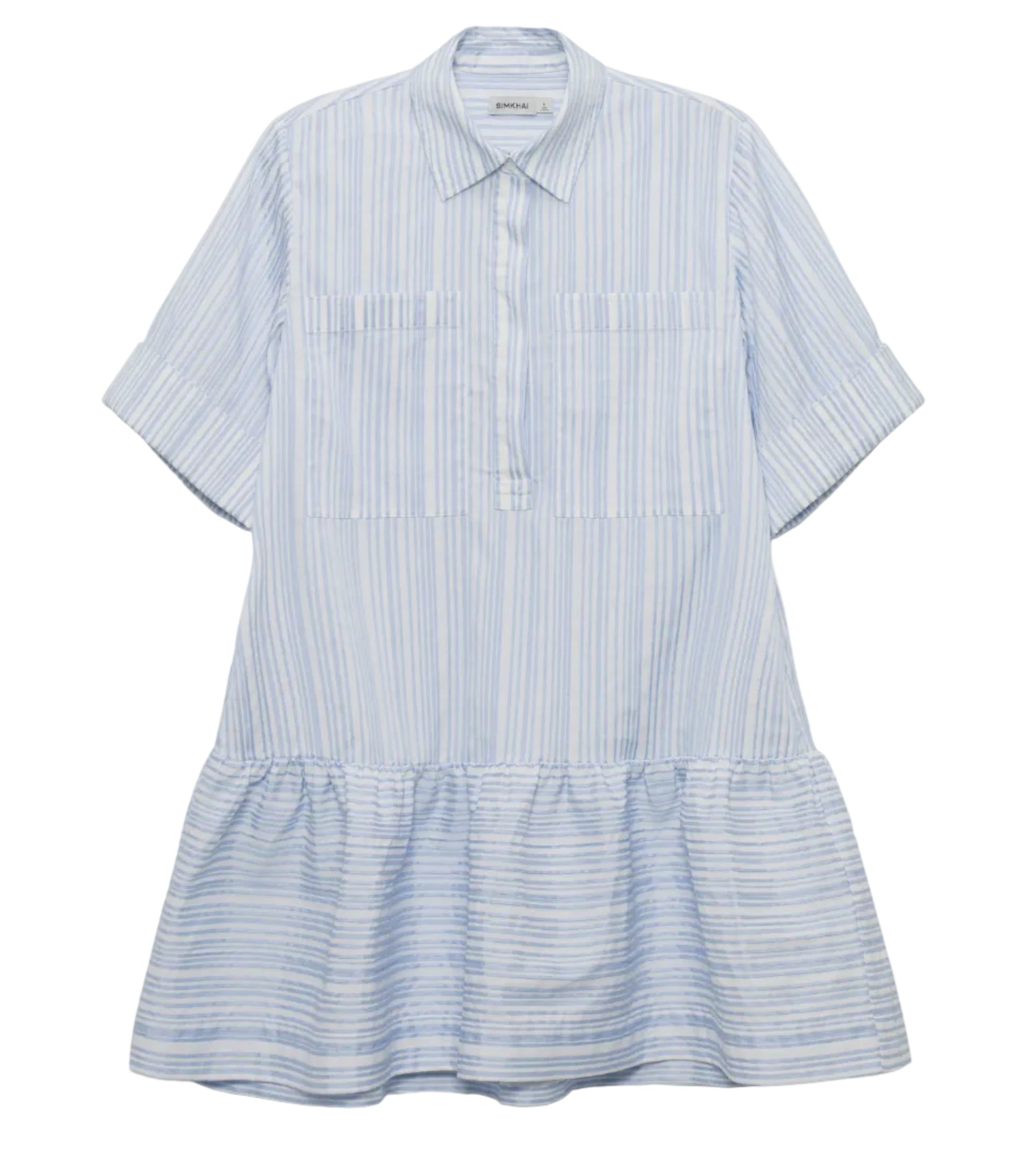 The Simkhai Cris Short Sleeve Shirt Dress features light blue stripes, a collared neckline, buttoned front, chest pockets, and a gathered skirt.