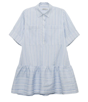 The Simkhai Cris Short Sleeve Shirt Dress features light blue stripes, a collared neckline, buttoned front, chest pockets, and a gathered skirt.