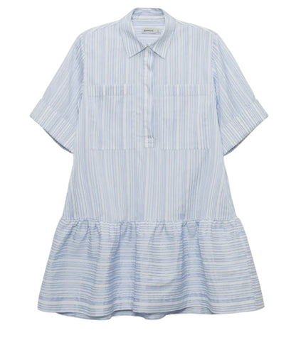 The Simkhai Cris Short Sleeve Shirt Dress features light blue stripes, a collared neckline, buttoned front, chest pockets, and a gathered skirt.