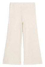 Girls’ Salia Pants by Louise Misha, crafted from a luxurious cotton-cashmere blend in a cream hue, feature a ribbed knit texture and a wide-leg silhouette, shown flat against a white background.