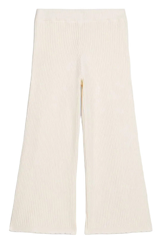 Girls’ Salia Pants by Louise Misha, crafted from a luxurious cotton-cashmere blend in a cream hue, feature a ribbed knit texture and a wide-leg silhouette, shown flat against a white background.