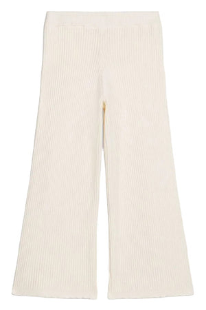 Girls’ Salia Pants by Louise Misha, crafted from a luxurious cotton-cashmere blend in a cream hue, feature a ribbed knit texture and a wide-leg silhouette, shown flat against a white background.