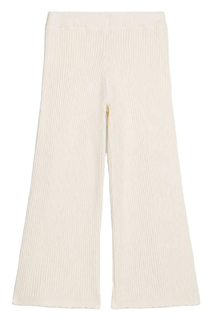 Girls’ Salia Pants by Louise Misha, crafted from a luxurious cotton-cashmere blend in a cream hue, feature a ribbed knit texture and a wide-leg silhouette, shown flat against a white background.