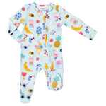 The Angel Dear 2-Way Zipper Footie is a baby bodysuit adorned with colorful prints of fruits, desserts, and animals on a light blue background. Crafted from bamboo fiber fabric, it features long sleeves, fold-over cuffs, and Angel Dear's signature two-way zipper for easy changes.